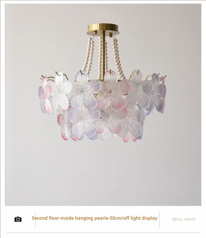 French Flower Crystal Chandelier Lamp Luxury Pink Glass Cream Petal Pendant Lights Living Room Bedroom Dining Room lighting