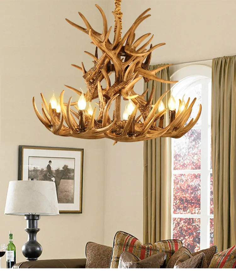 Retro Antler Chandelier Lighting Resin Deer Horn Pendant Lamp