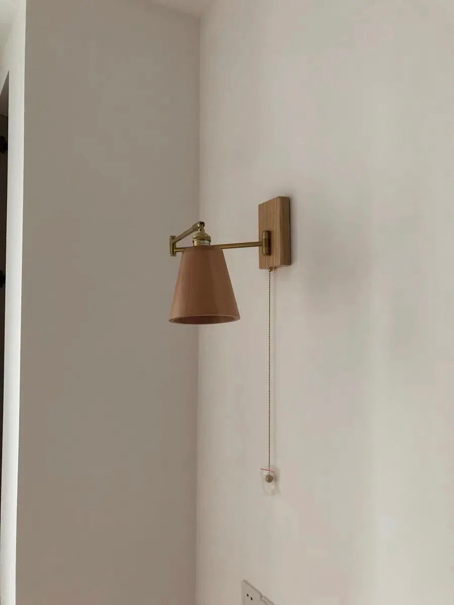 Retro Walnut Ash Wood LED Wall Lamp Copper Bedside Pull Chain Wall Light