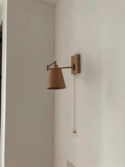 Retro Walnut Ash Wood LED Wall Lamp Copper Bedside Pull Chain Wall Light