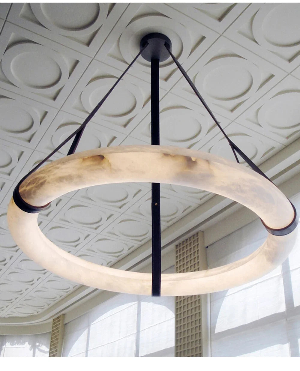 Hot selling high-end living room main light, round all copper leather pendant light, Spanish marble pendant light
