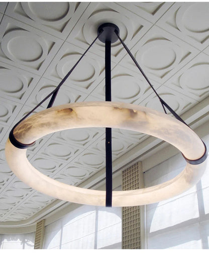 Hot selling high-end living room main light, round all copper leather pendant light, Spanish marble pendant light
