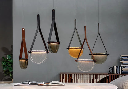 Modern leather handmade glass pendant lamp gray amber clear glass pendant Light