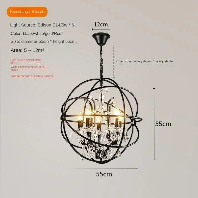 Retro Wrought Iron Chandelier Rustic Orb Vintage Crystal Bird Cage pendant lamps
